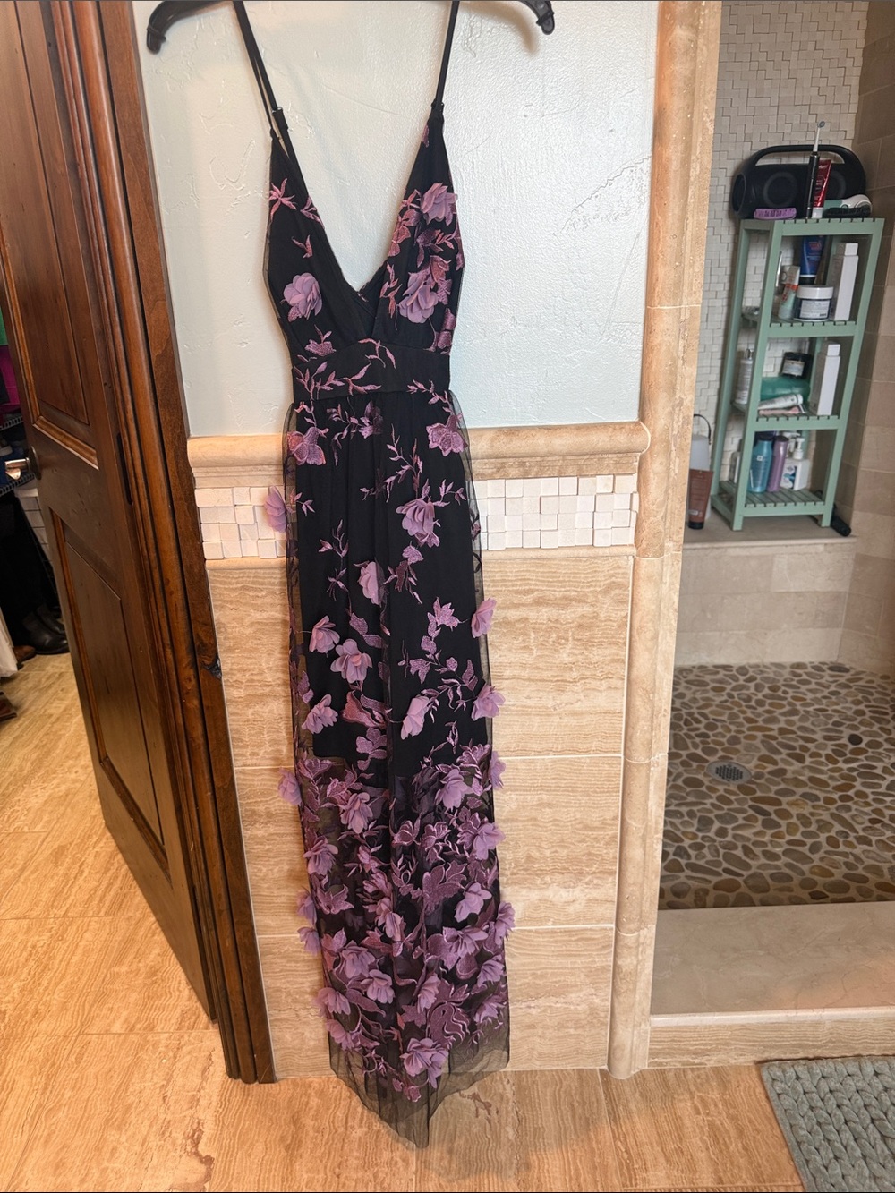 Black Maxi Dress with Purple Floral Embroidery